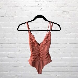 Michael Costello x Revolve // Pink Ruched Bodysuit with Strappy Back